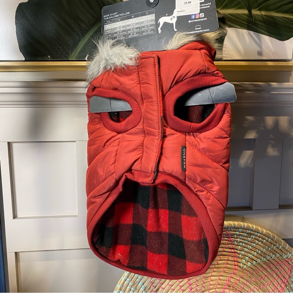 Red Plaid Quilted Dog Coat with Faux Fur Hood
